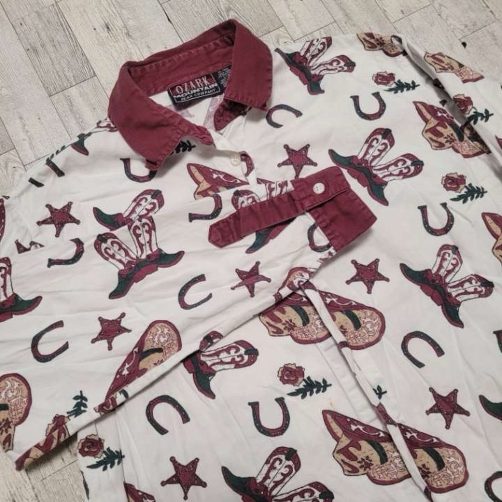 Ozark Mountain Western White Shoe Horn Floral Rodeo Cowgirl Shirt Women’s L